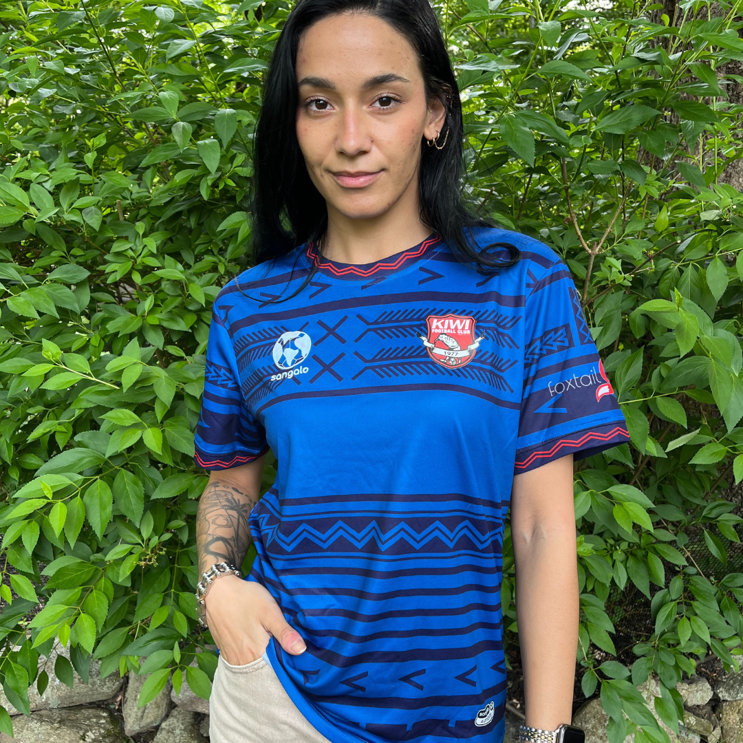 Official Kiwi FC home football jersey 2025 by Sangalo lifestyle model
